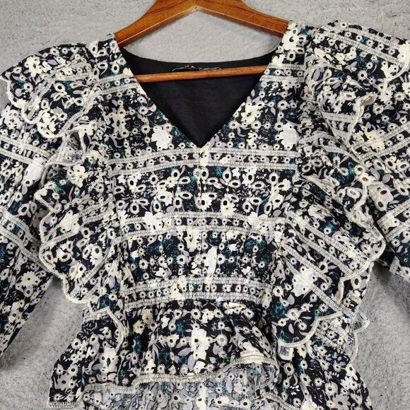 En Saison Alessandra Top Women's XS Black White Floral Eyelet Embroidered Ruffle - Picture 4 of 10